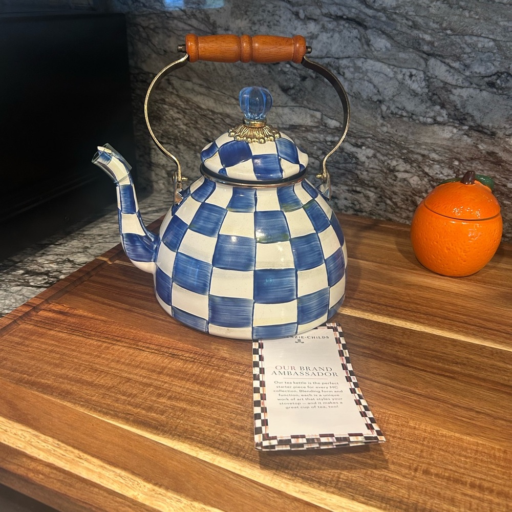 MacKenzie-Childs Blue and White Courtly Check Teakettle with Wood Handle
